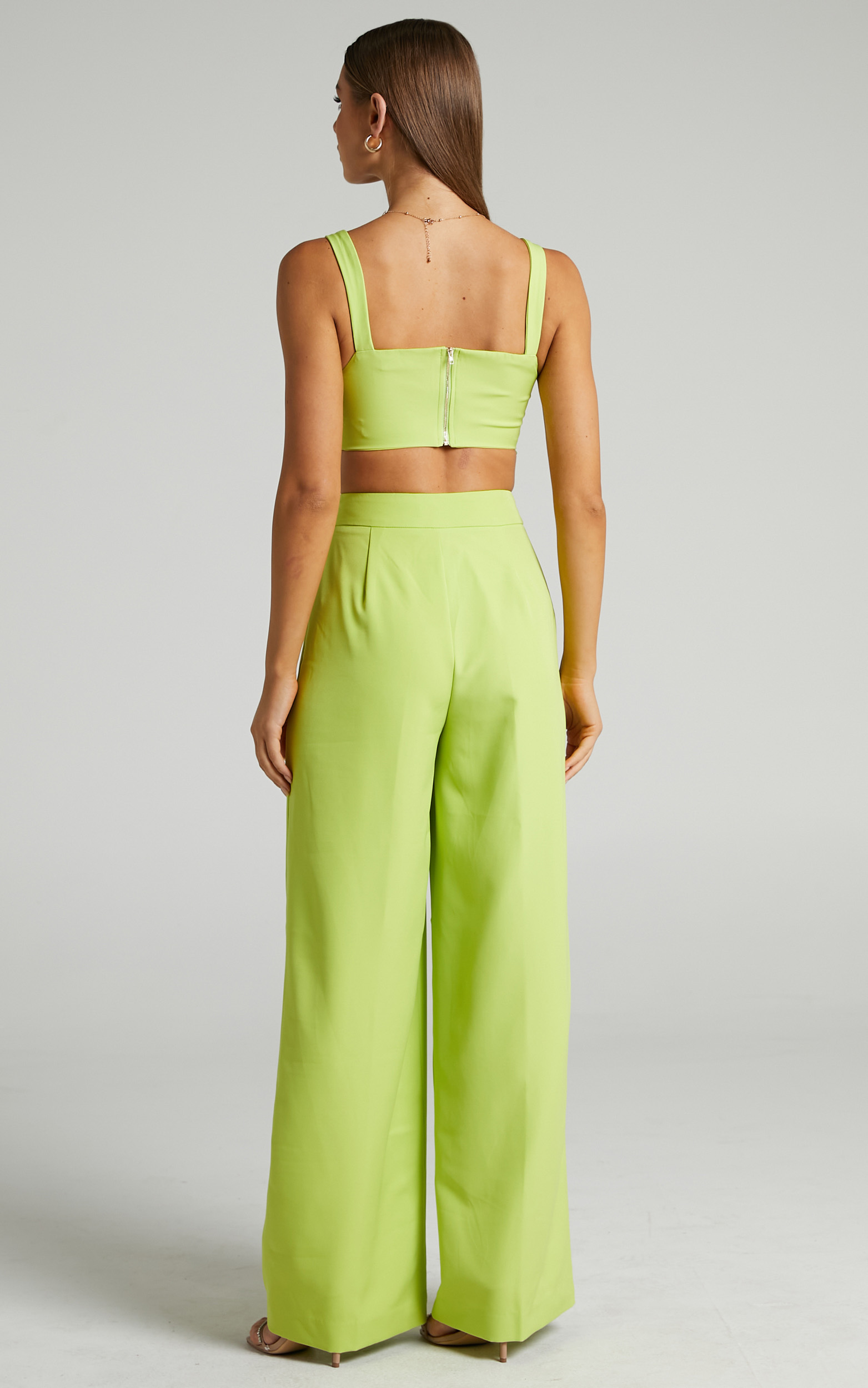 Maida V-Front Crop Top and Wide Leg Pants Two Piece Set in Lime | Showpo