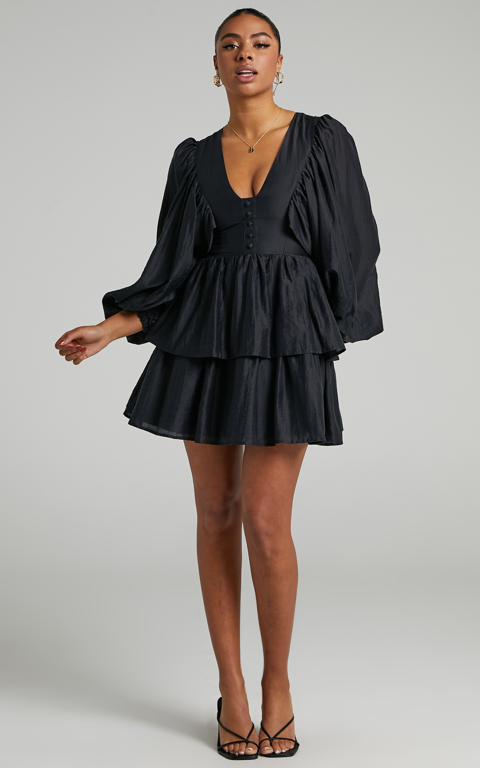 Constance Wide Sleeve Layered Mini Dress in Black | Showpo