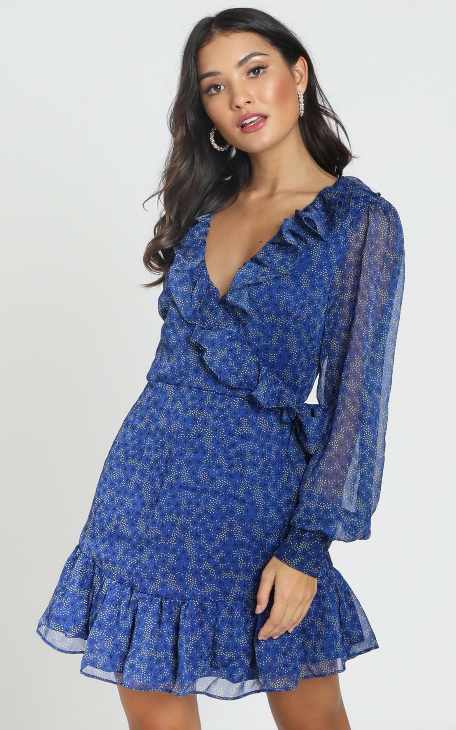 Alesha Long Sleeve Mini dress in cobalt blue floral Showpo