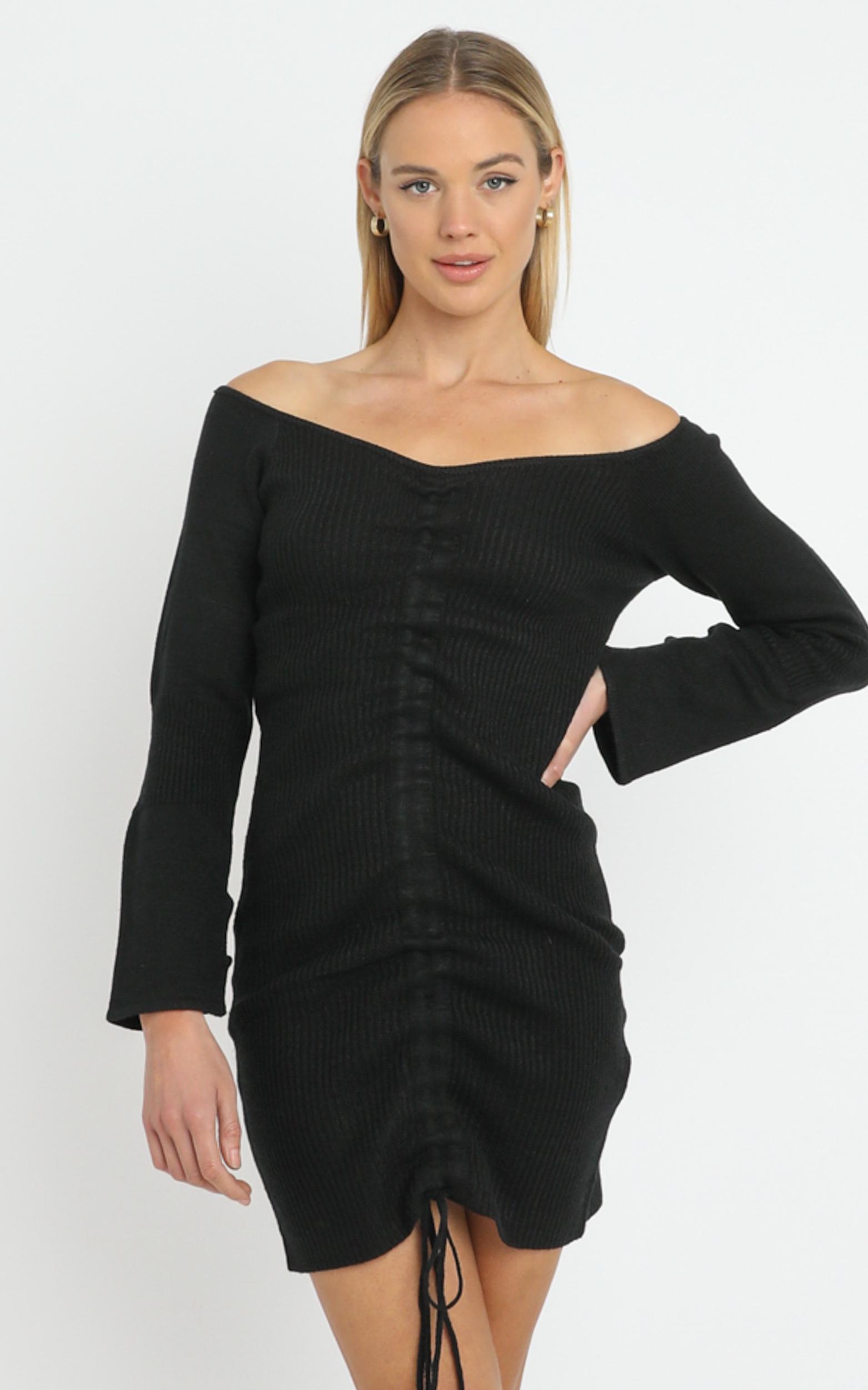 black ruched knit dress