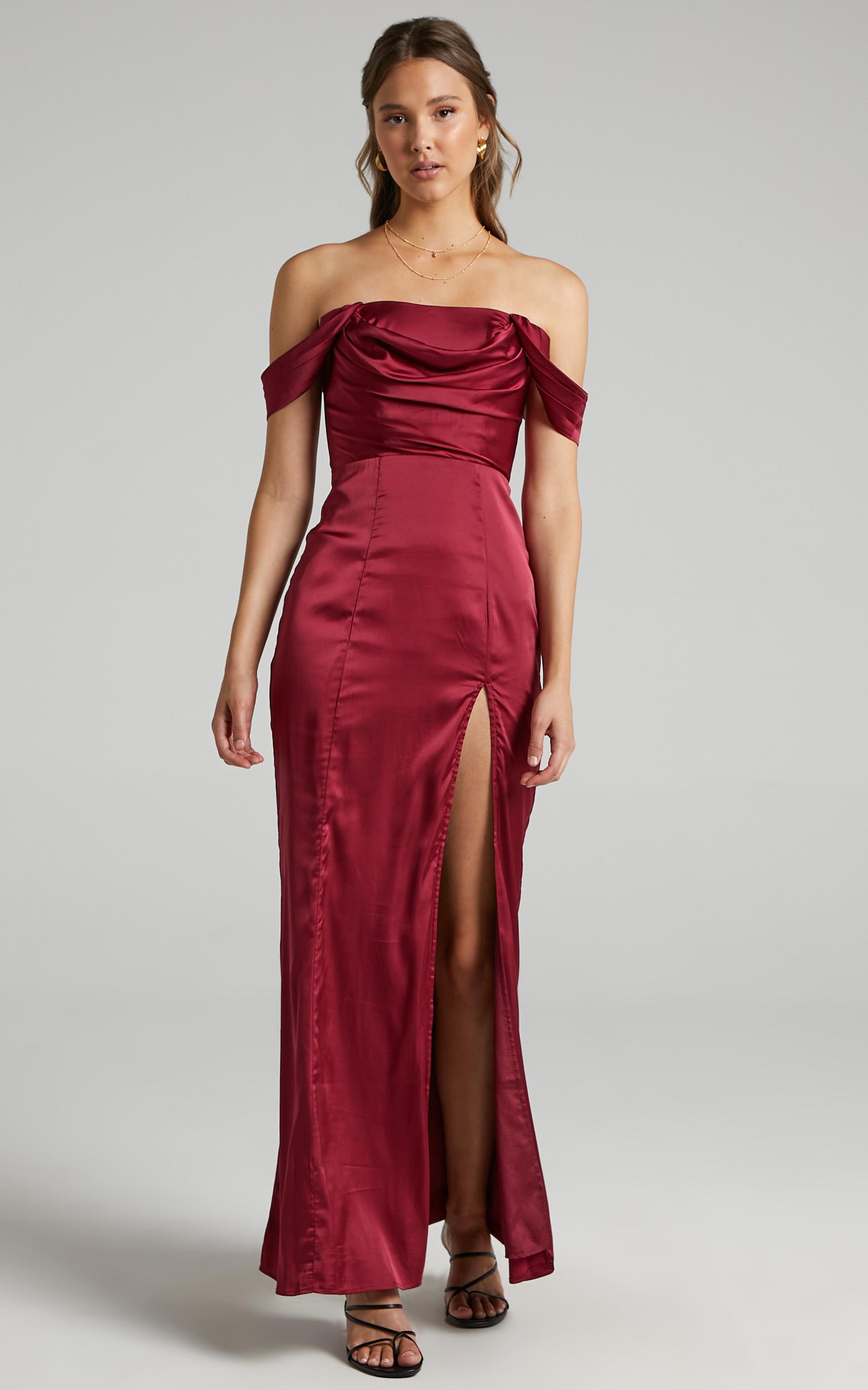 Faye Off the Shoulder Maxi Dress in Wine Satin | Showpo