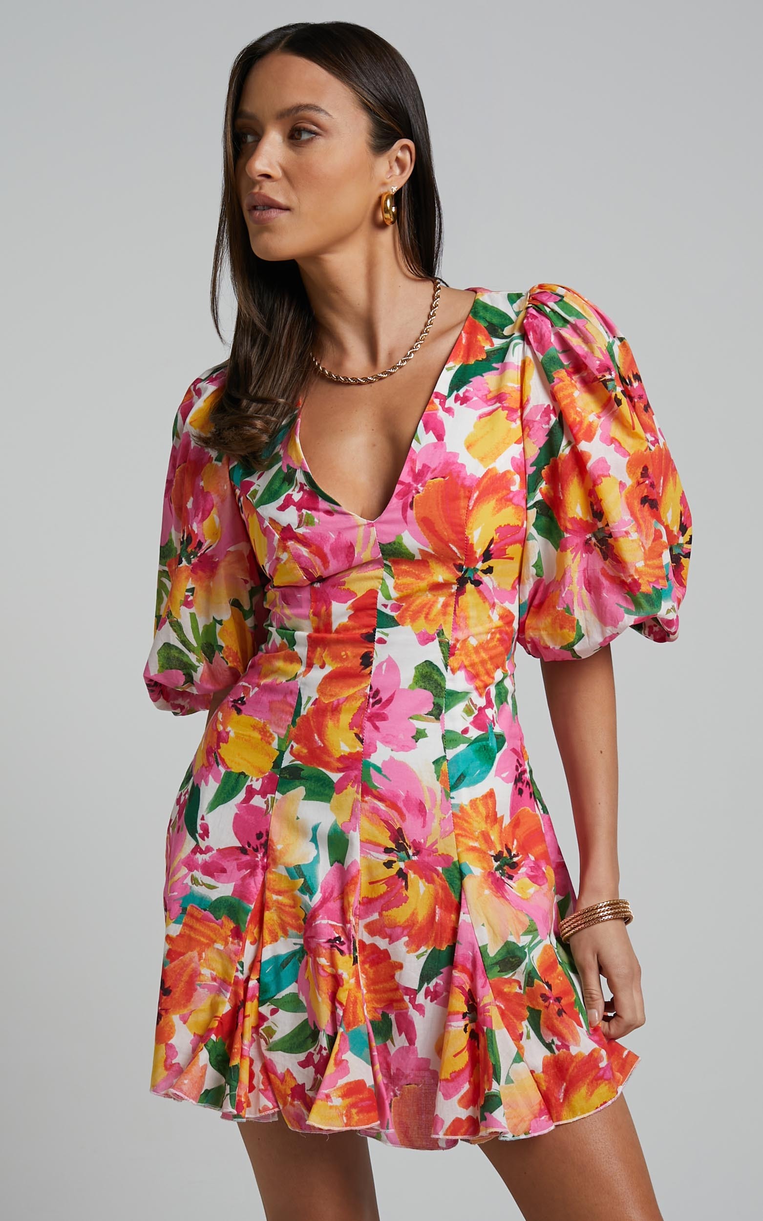 Shairah Mini Dress - V Neck Puff Sleeve Flutter Hem Dress in In Bloom ...