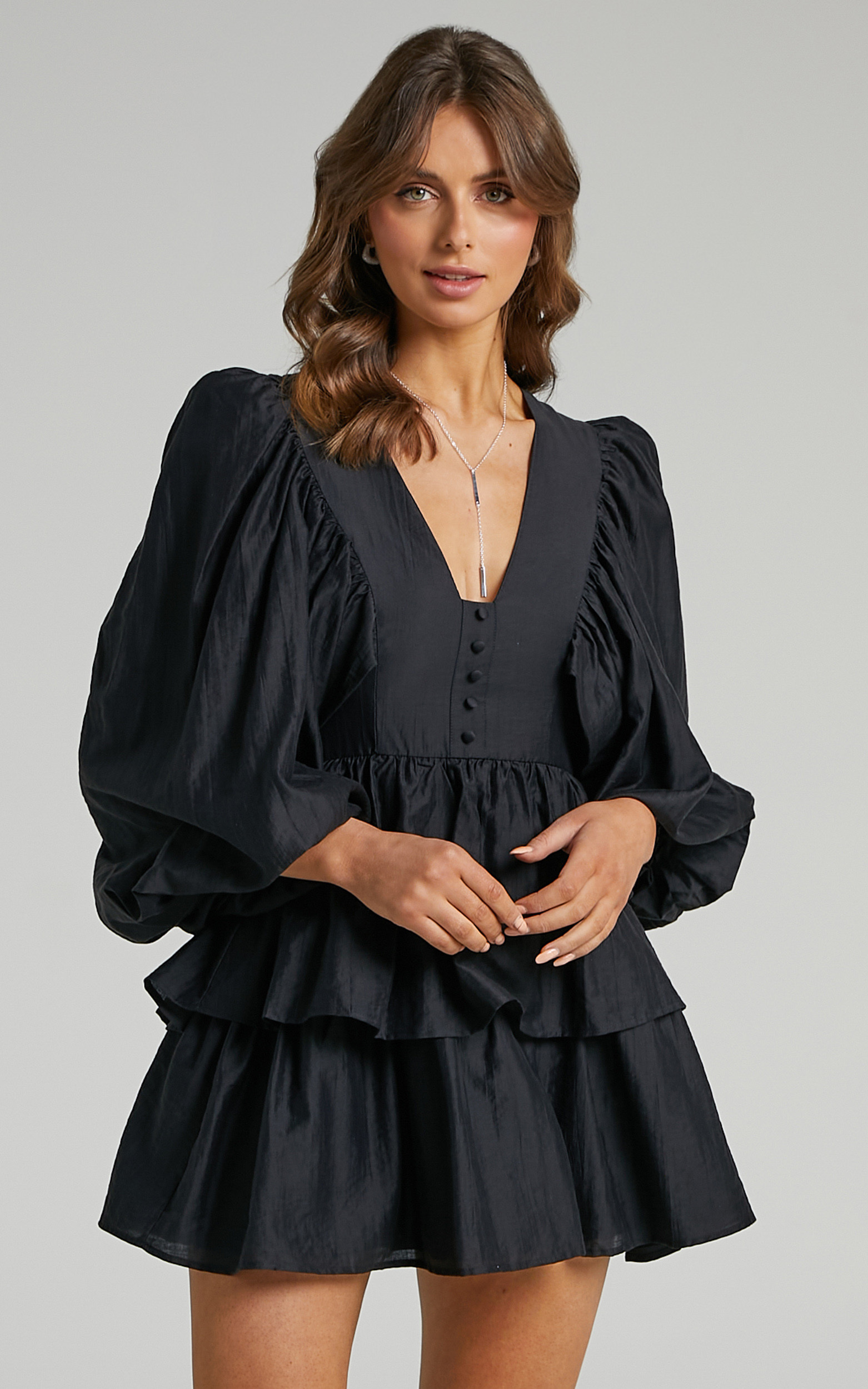 Constance Wide Sleeve Layered Mini Dress in Black | Showpo