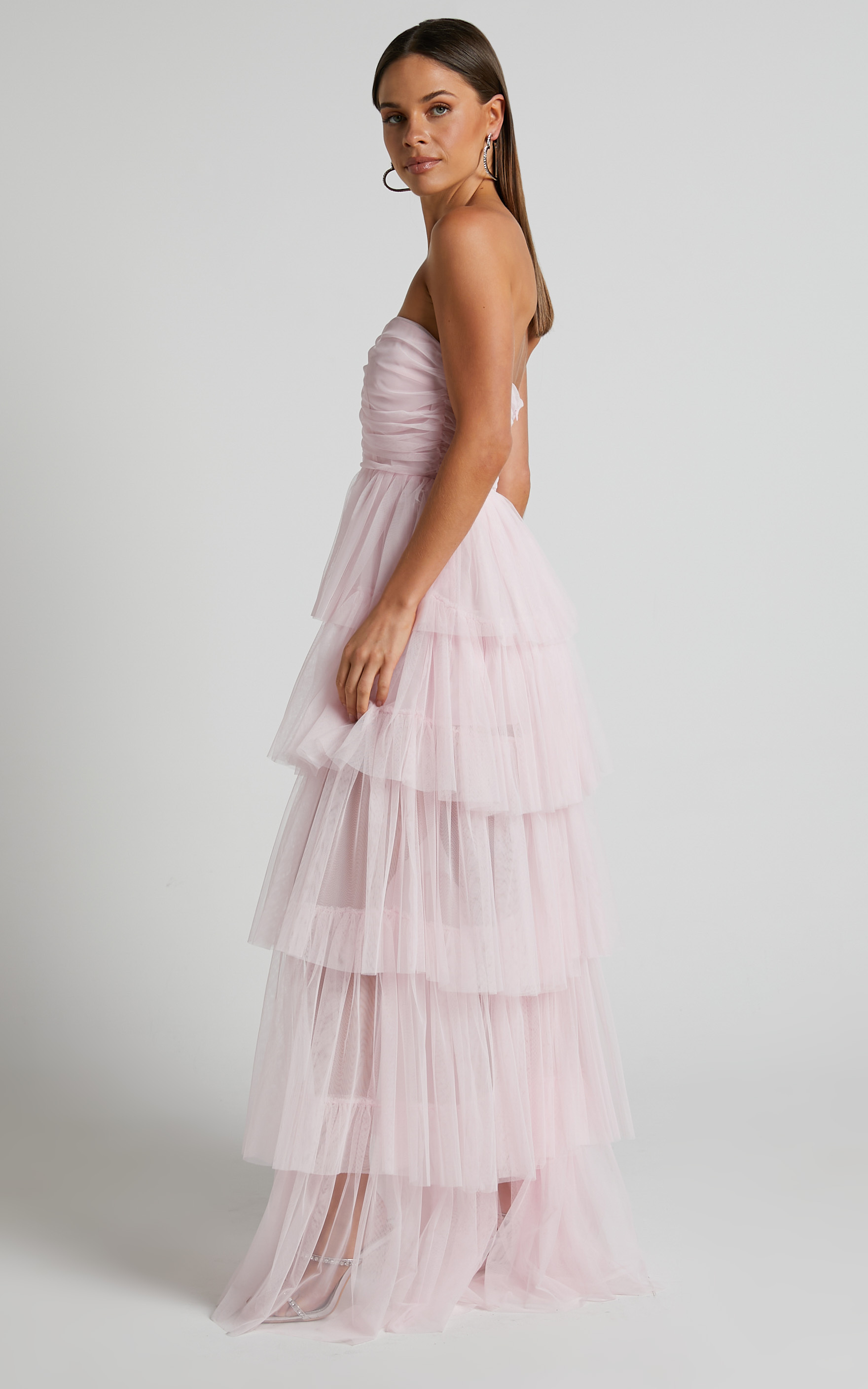 Demika Strapless Ruched Bodice Layerd Tulle Maxi Dress in Light Pink ...