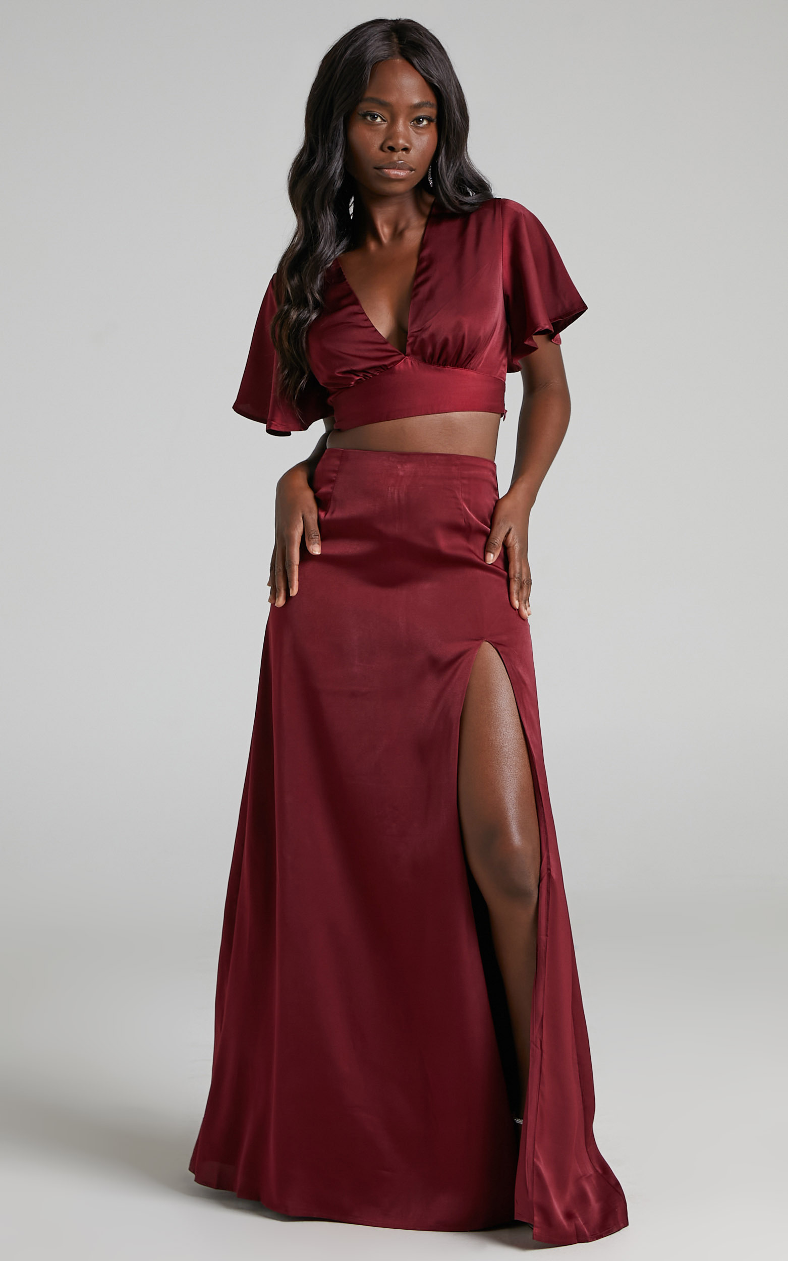 Kelcie V Neck Flutter Sleeves Crop and Thigh Split Maxi Two Set in | Showpo USA