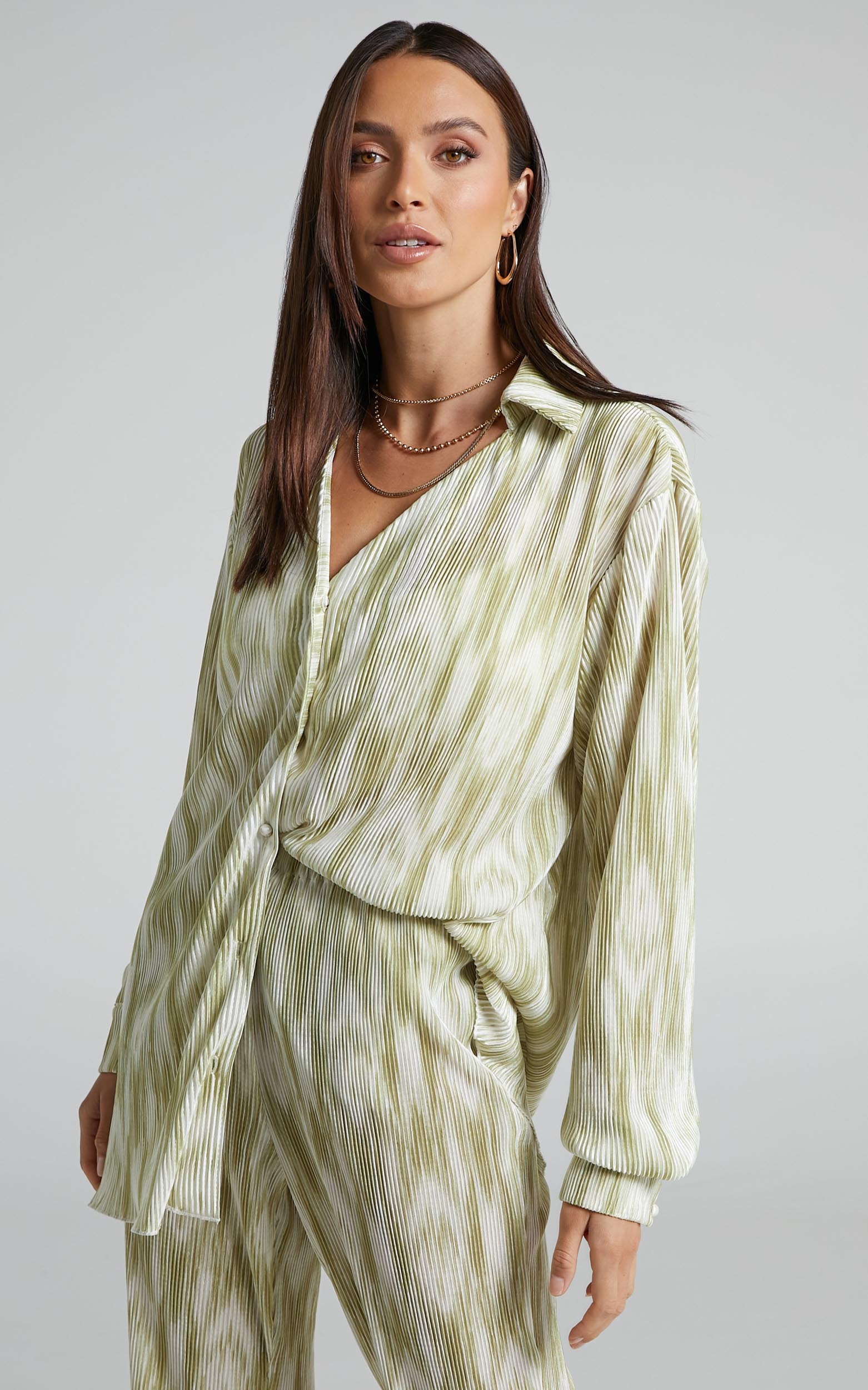 Marfy Abstract Print Button Down Plisse Top in Green Marble | Showpo EU