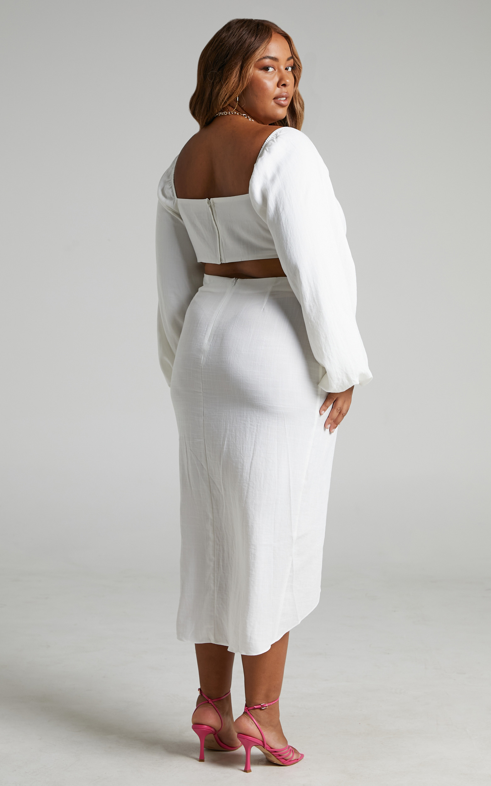 Shamir Balloon Sleeve Crop Top and Ruched Split Midi Skirt in White ...