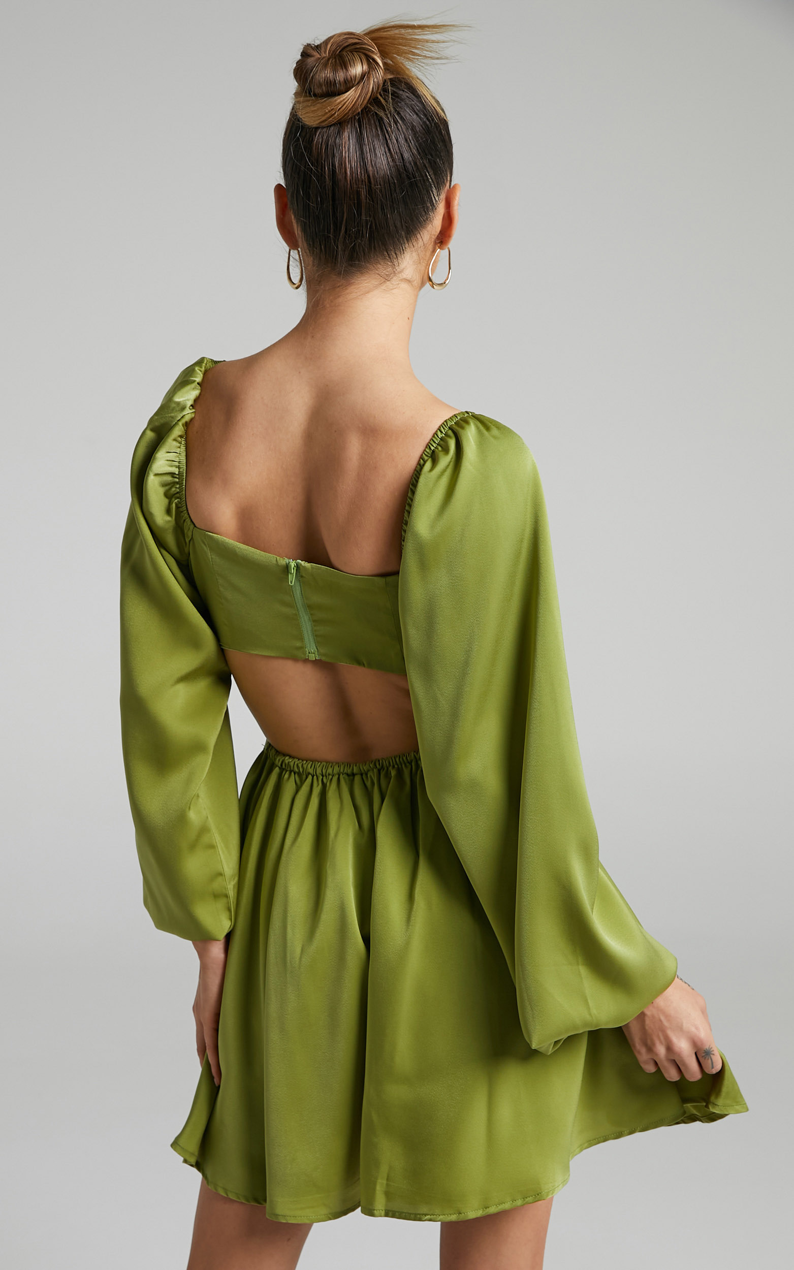 Dolci Side Cut Out Long Sleeve Mini Dress in Green | Showpo USA
