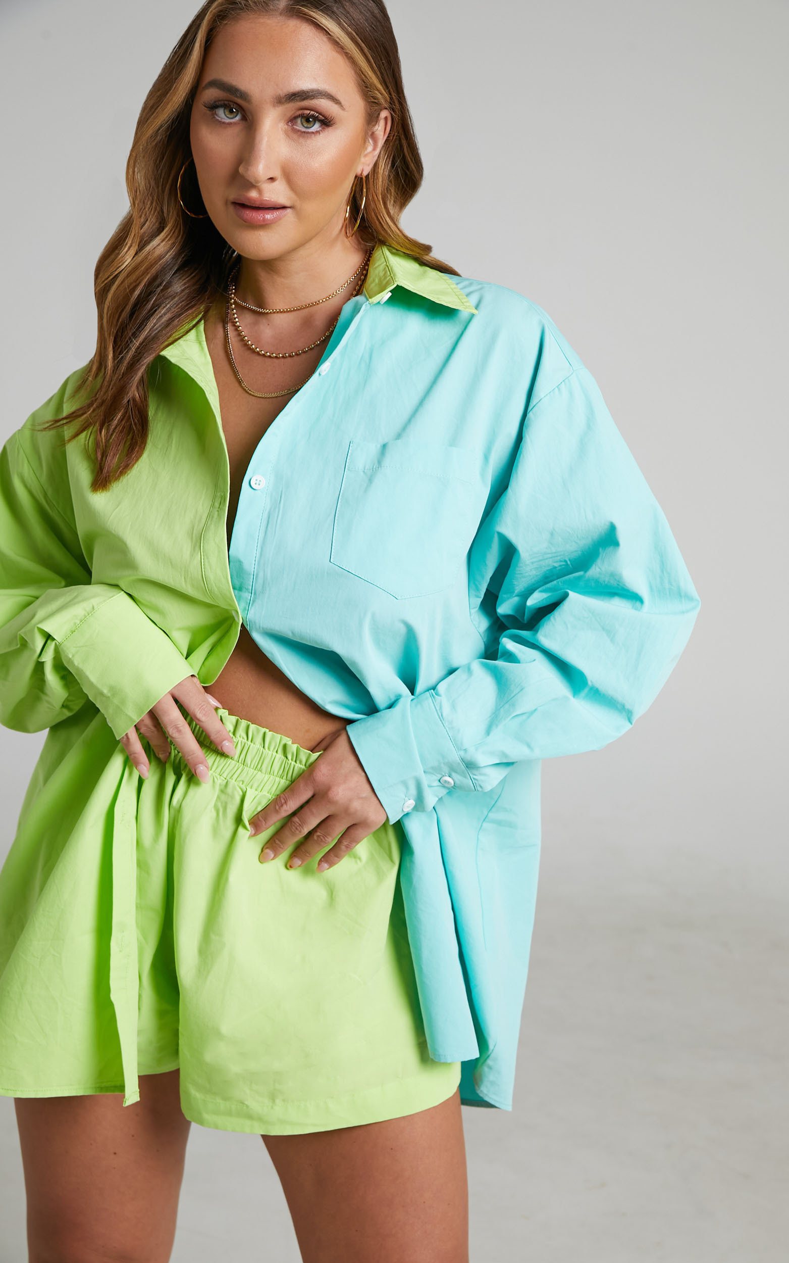Roewe Colour Block Oversized Button Up Shirt in Lime & Seafoam | Showpo NZ