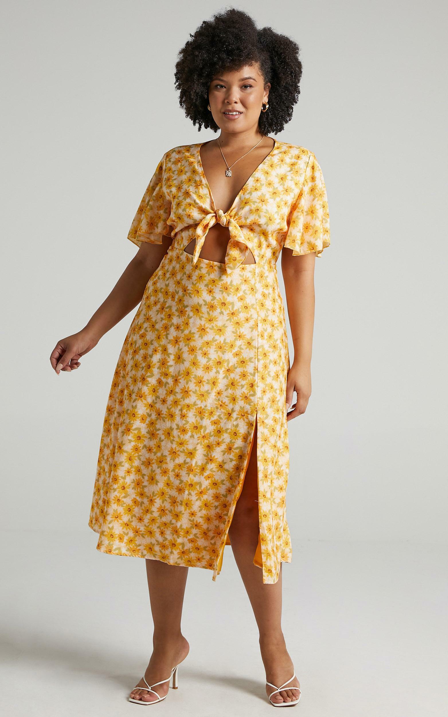 Wild And Free Mind Split Midi Dress In Sunflower Print | Showpo USA