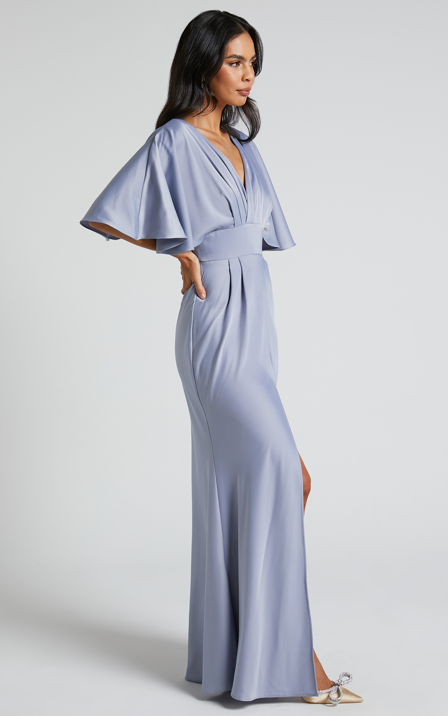 Gemalyn Maxi Dress - Angel Sleeve V Neck Split Dress in Sky Blue | Showpo