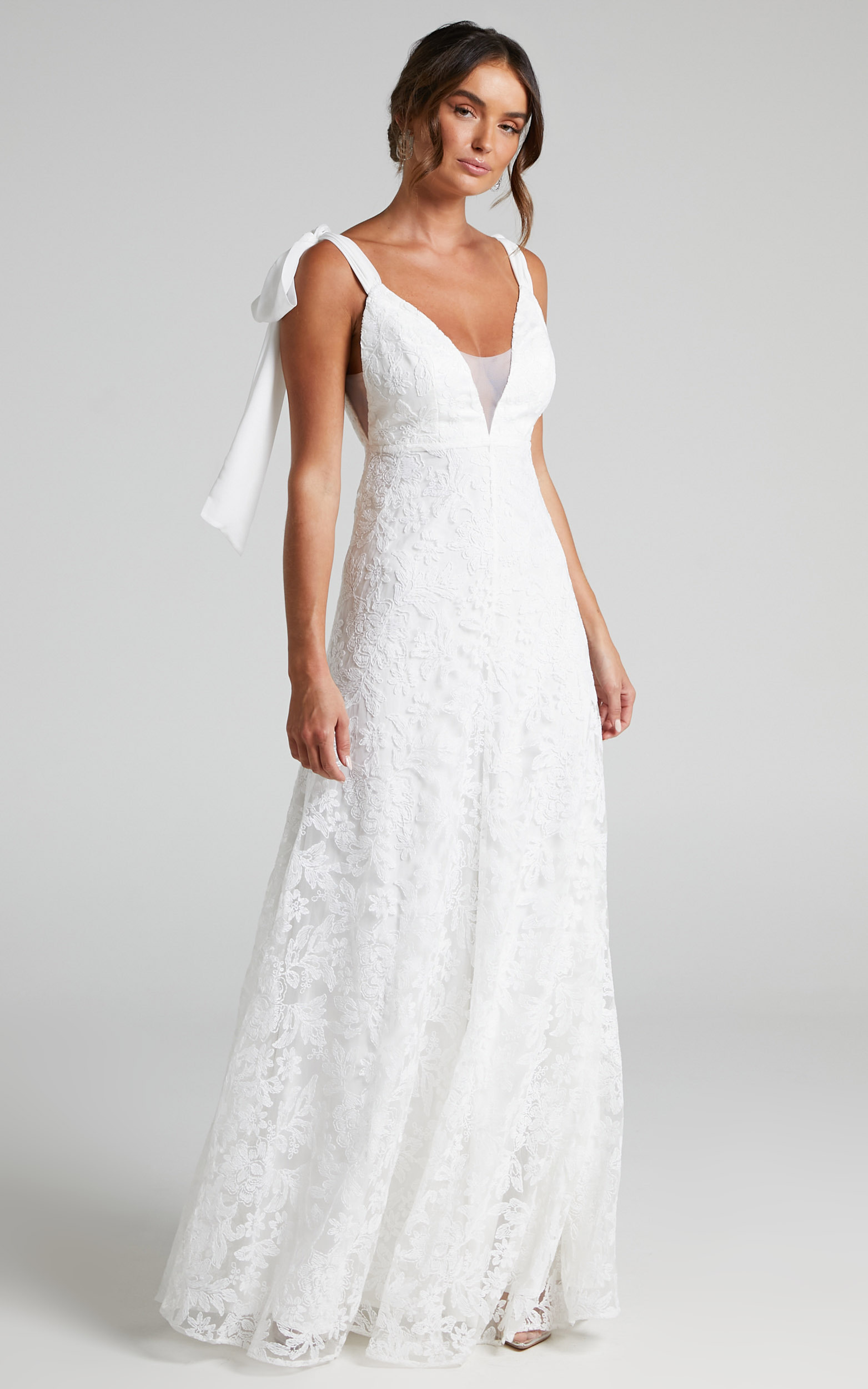 Petunia Tie Shoulder Plunge Neck Lace Gown in Ivory | Showpo USA