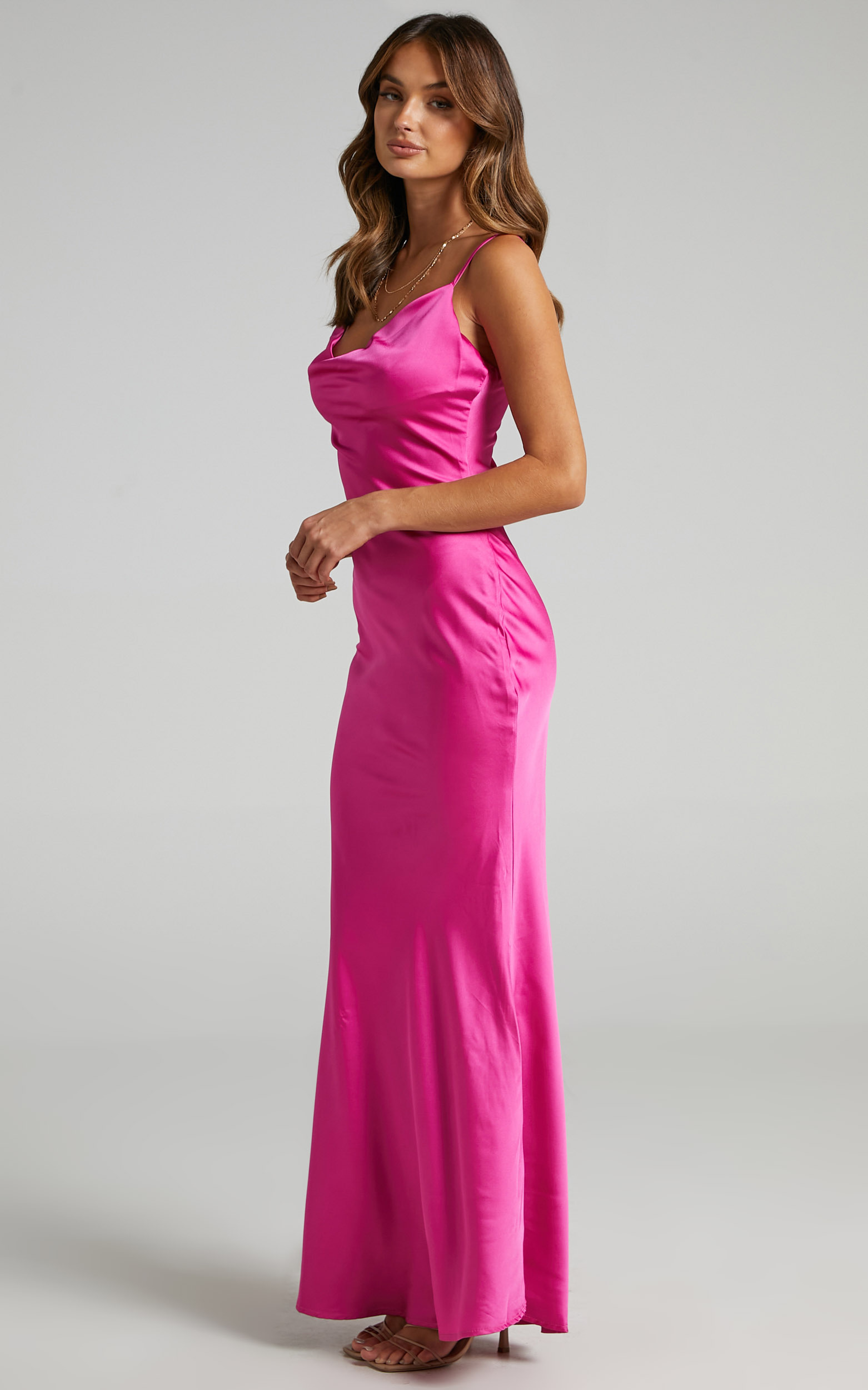 Lunaria Cowl Neck Maxi Dress in Hot Pink Satin | Showpo USA