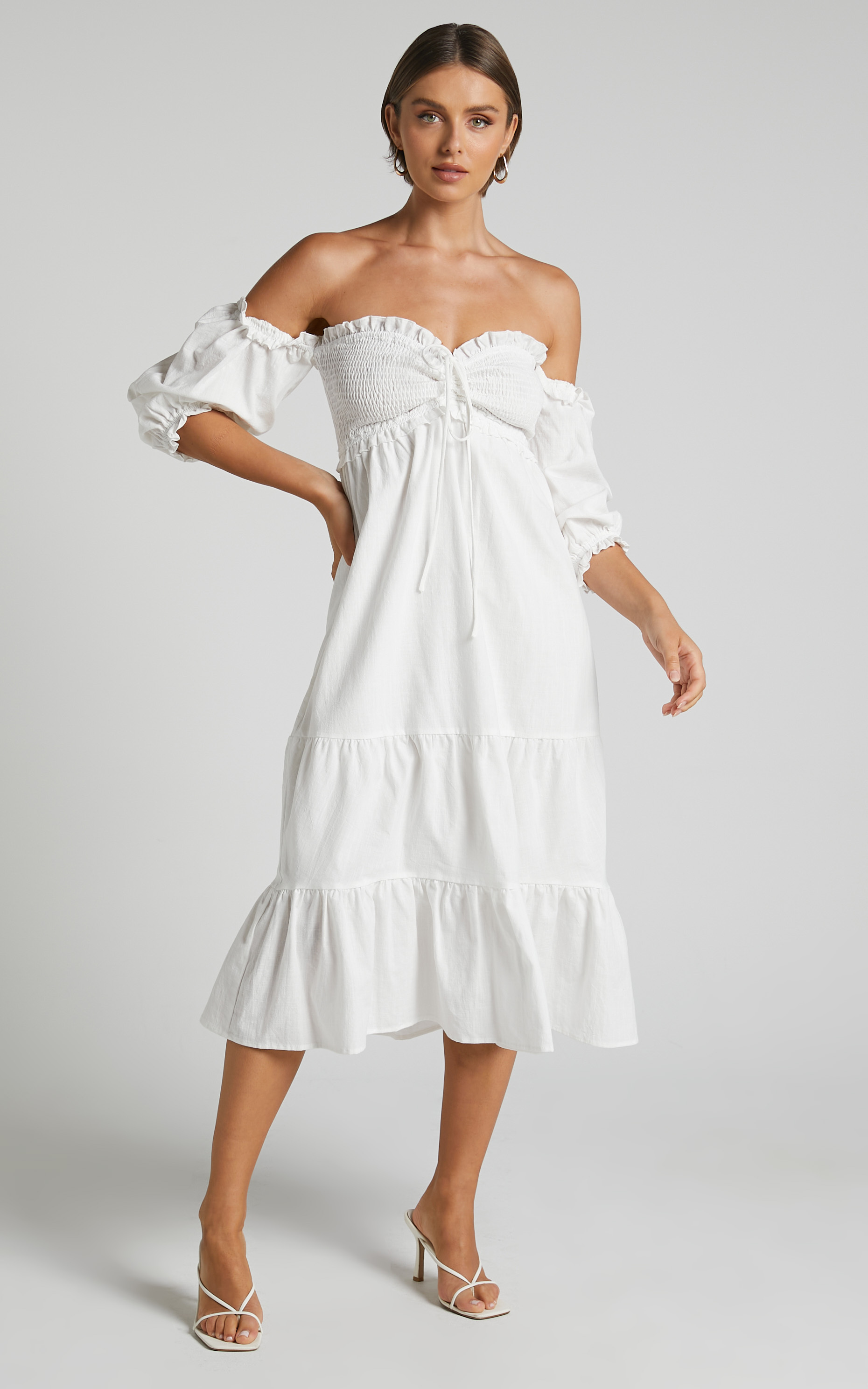 Nikka Midi Dress - Shirred Off Shoulder Puff Sleeve Dress in White ...