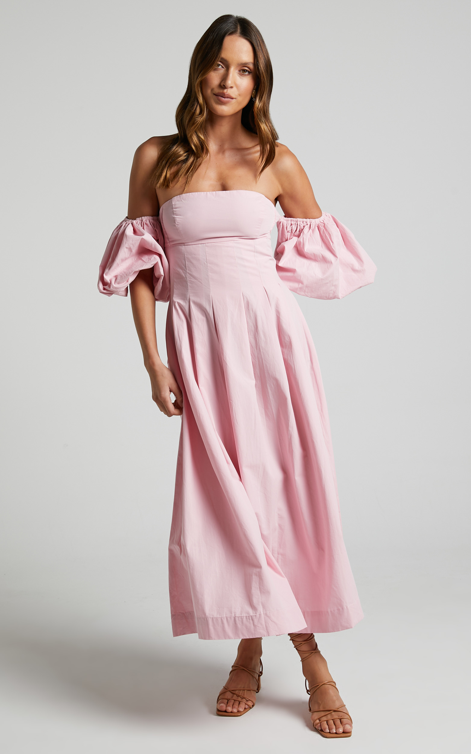 Geloe Structured Off Shoulder Puff Midi Dress in Pink | Showpo USA