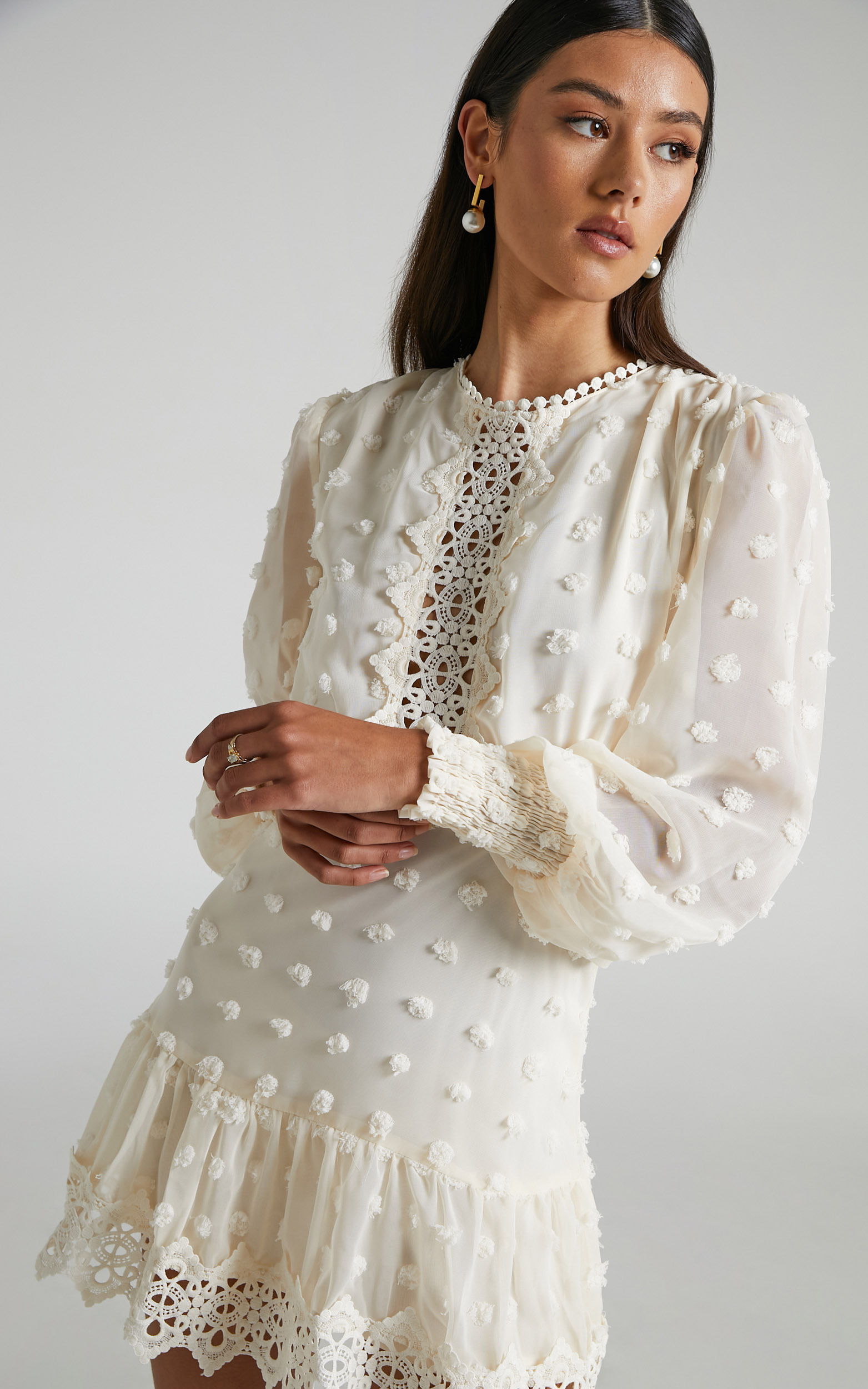 Meihna Embroidered Long Sleeve Mini Dress in Cream | Showpo USA