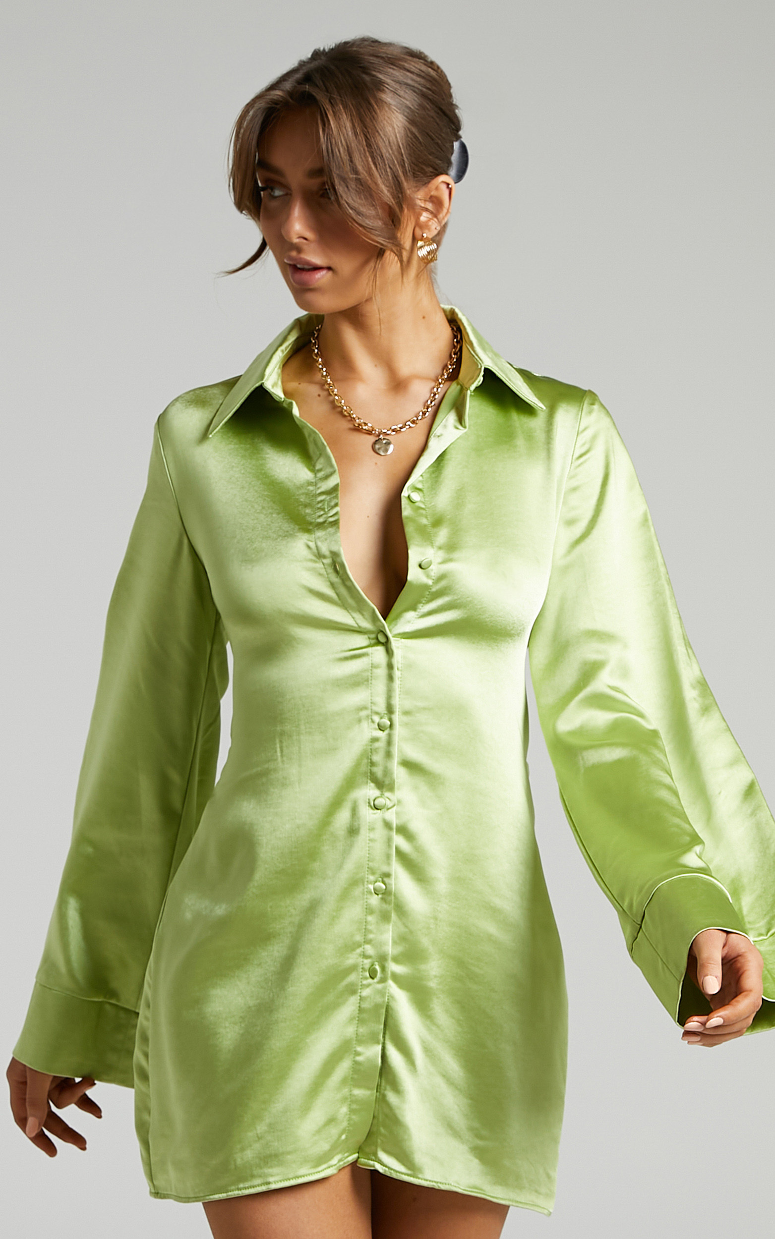 Hadid Button Down Satin Shirt Dress With Waist Tie In Green Showpo