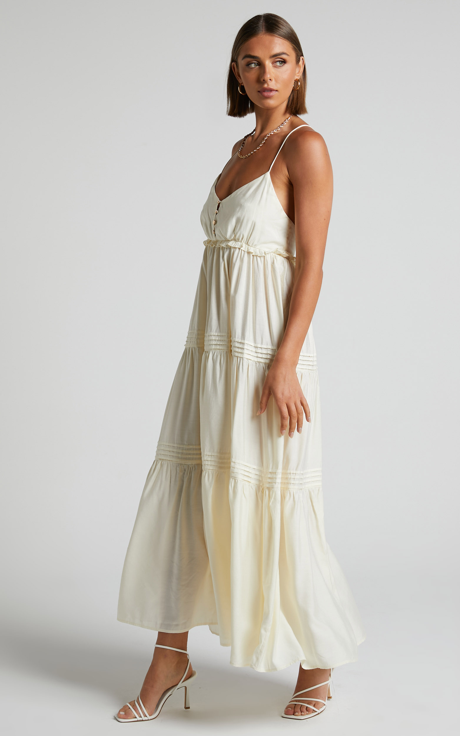Ermengard Tiered Pin Tuck Cross Back Maxi Dress in Off White | Showpo USA