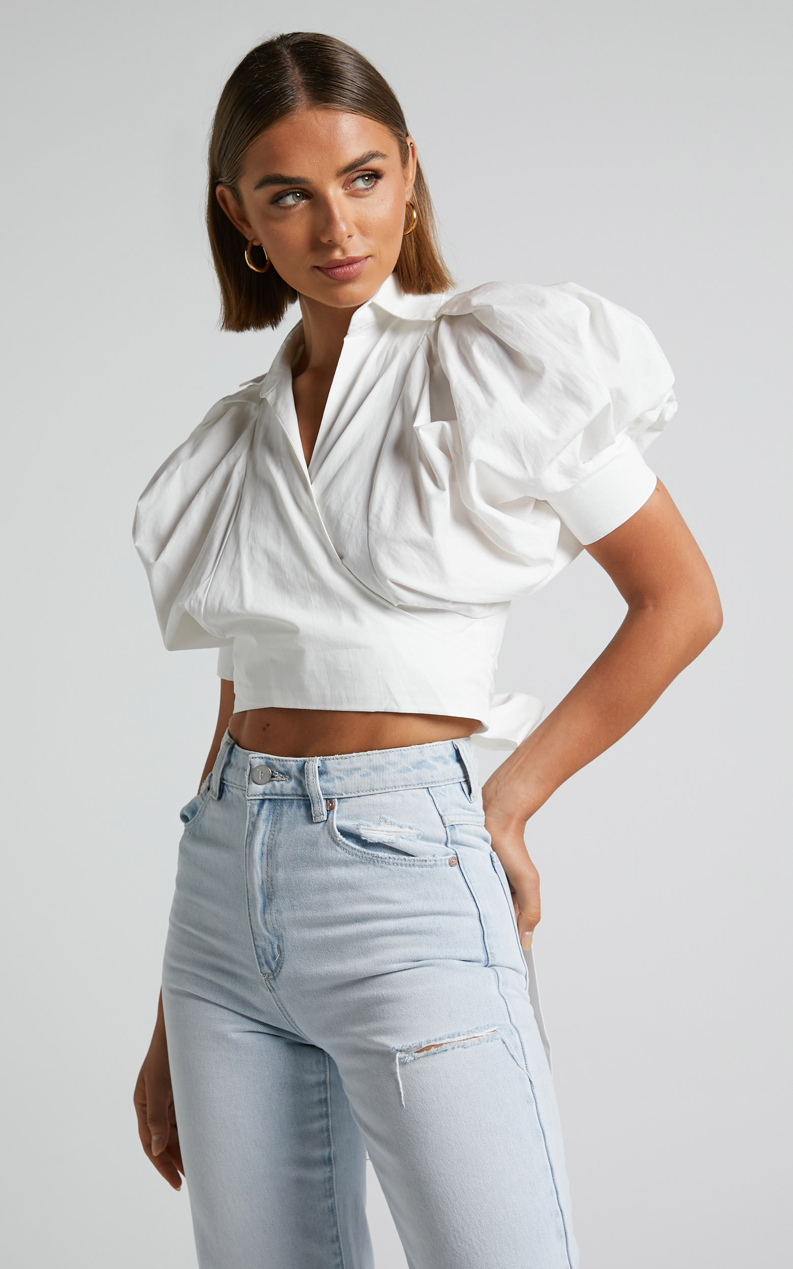 Merabelle Shirt - Puff Sleeve Cropped Wrap Shirt in White | Showpo USA