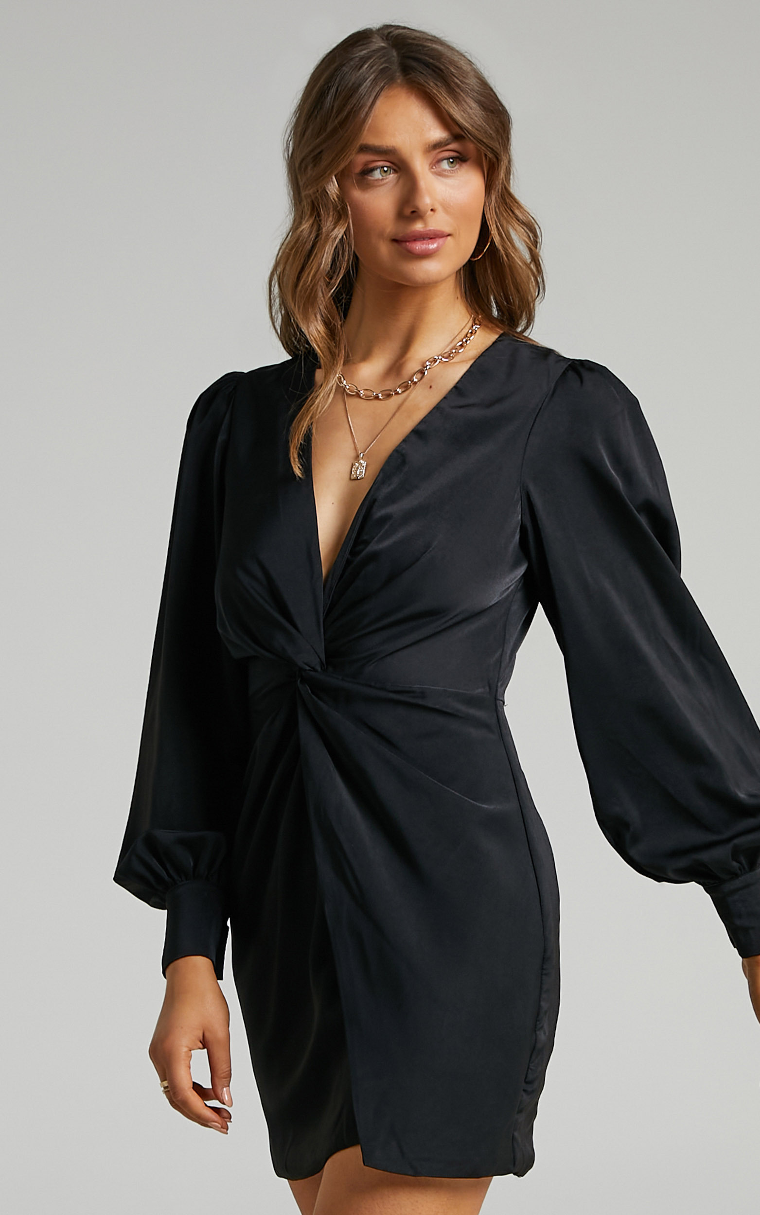 Billie Twist Front Mini Dress with Long Puff Sleeves in Black | Showpo