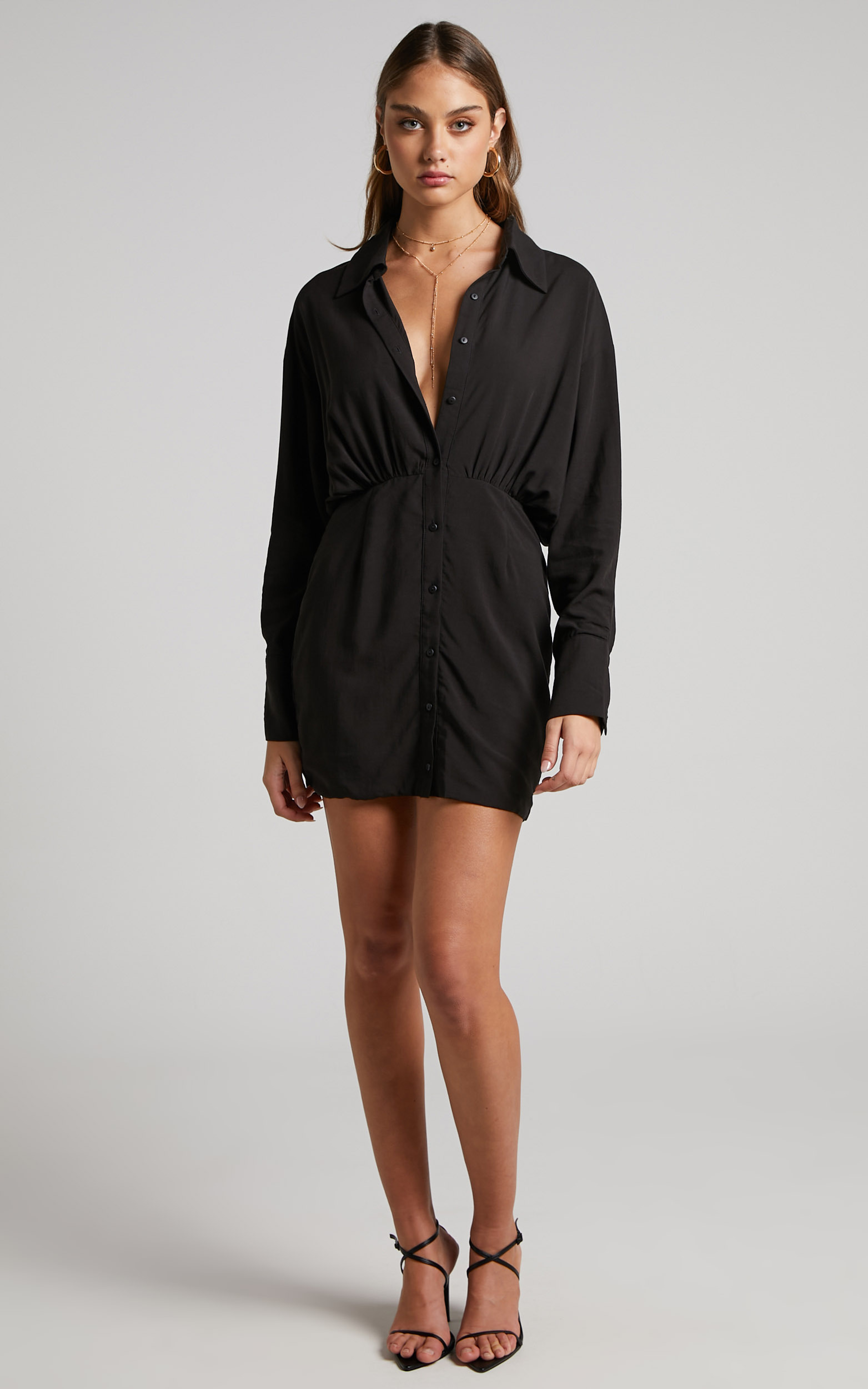 Norie Mini Dress - Button Up Long Sleeve Shirt Dress in Black | Showpo USA