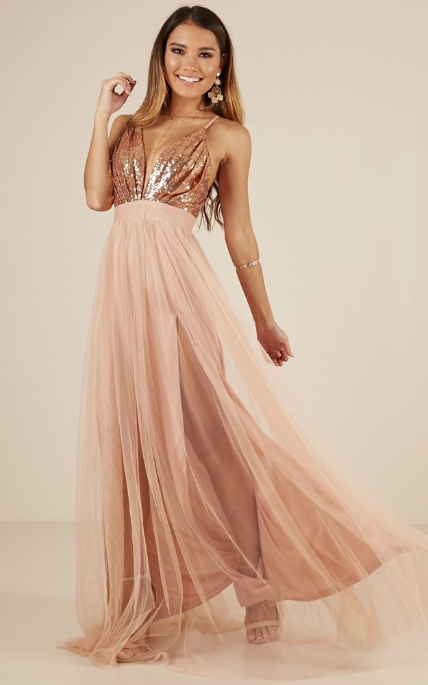 the last kiss maxi dress in rose gold