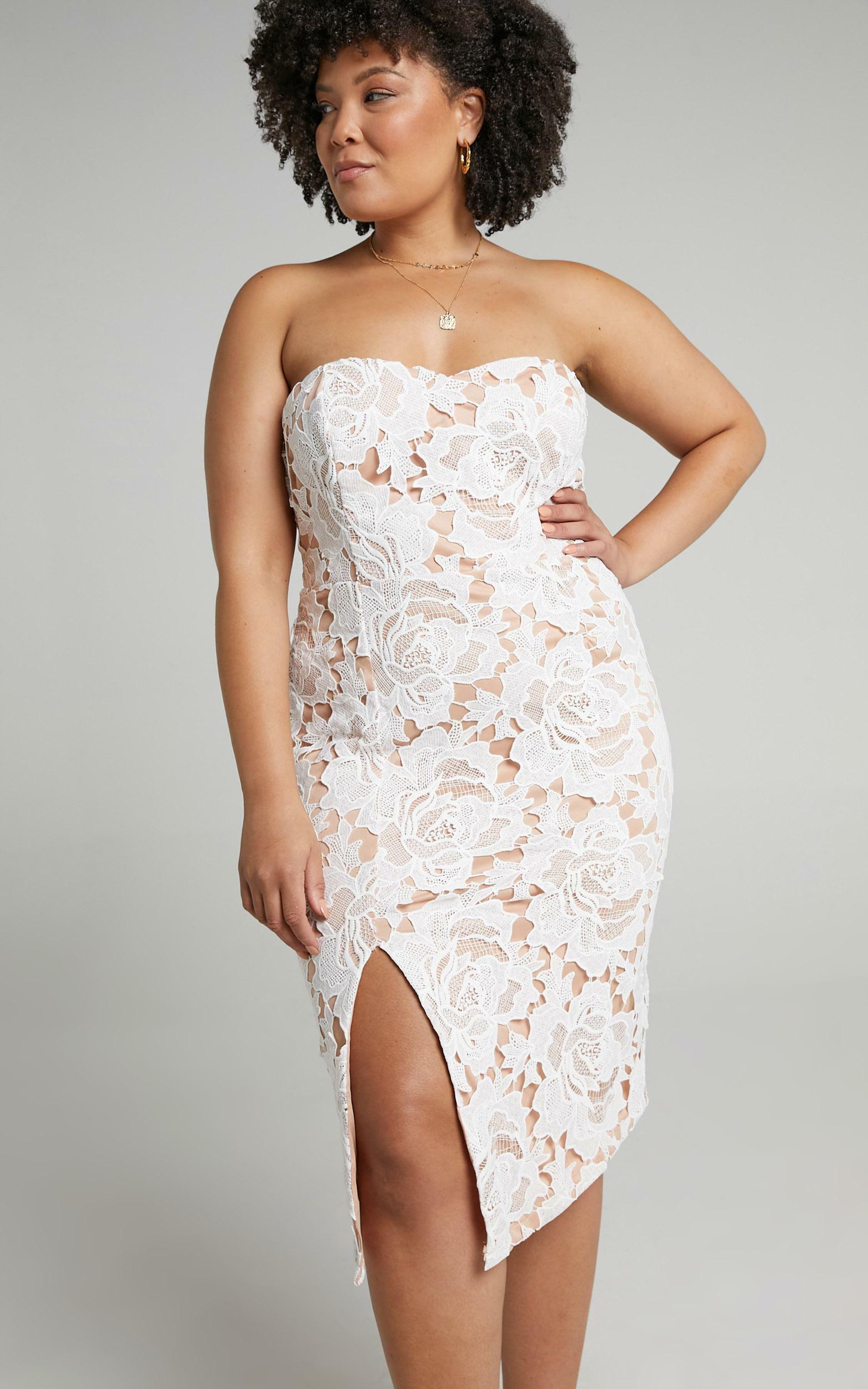 Lace To Midi Dress - Strapless Bodycon in White Lace |