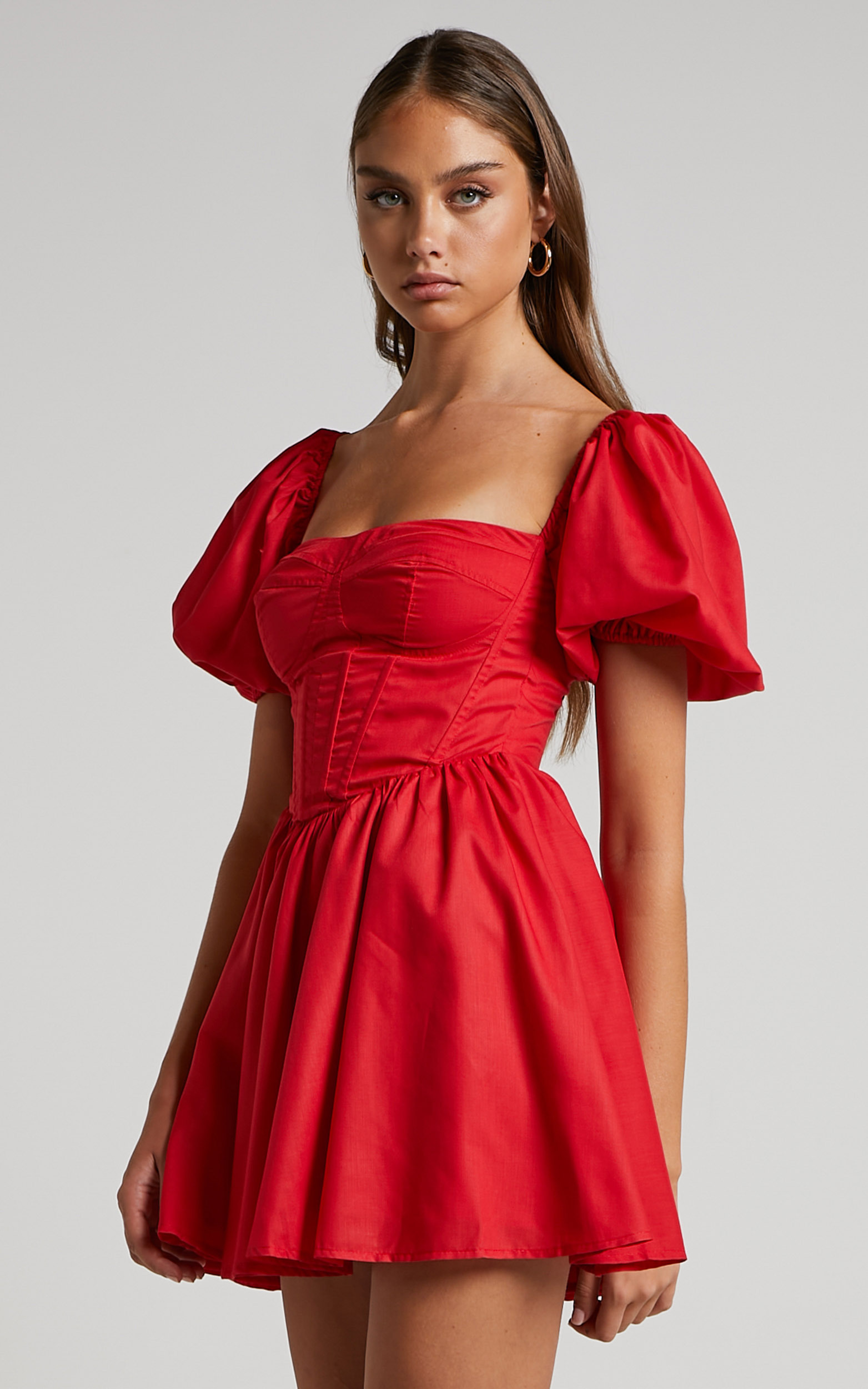 Souza Mini Dress - Fit and Flare Puff Sleeve Corset Dress in Red | Showpo