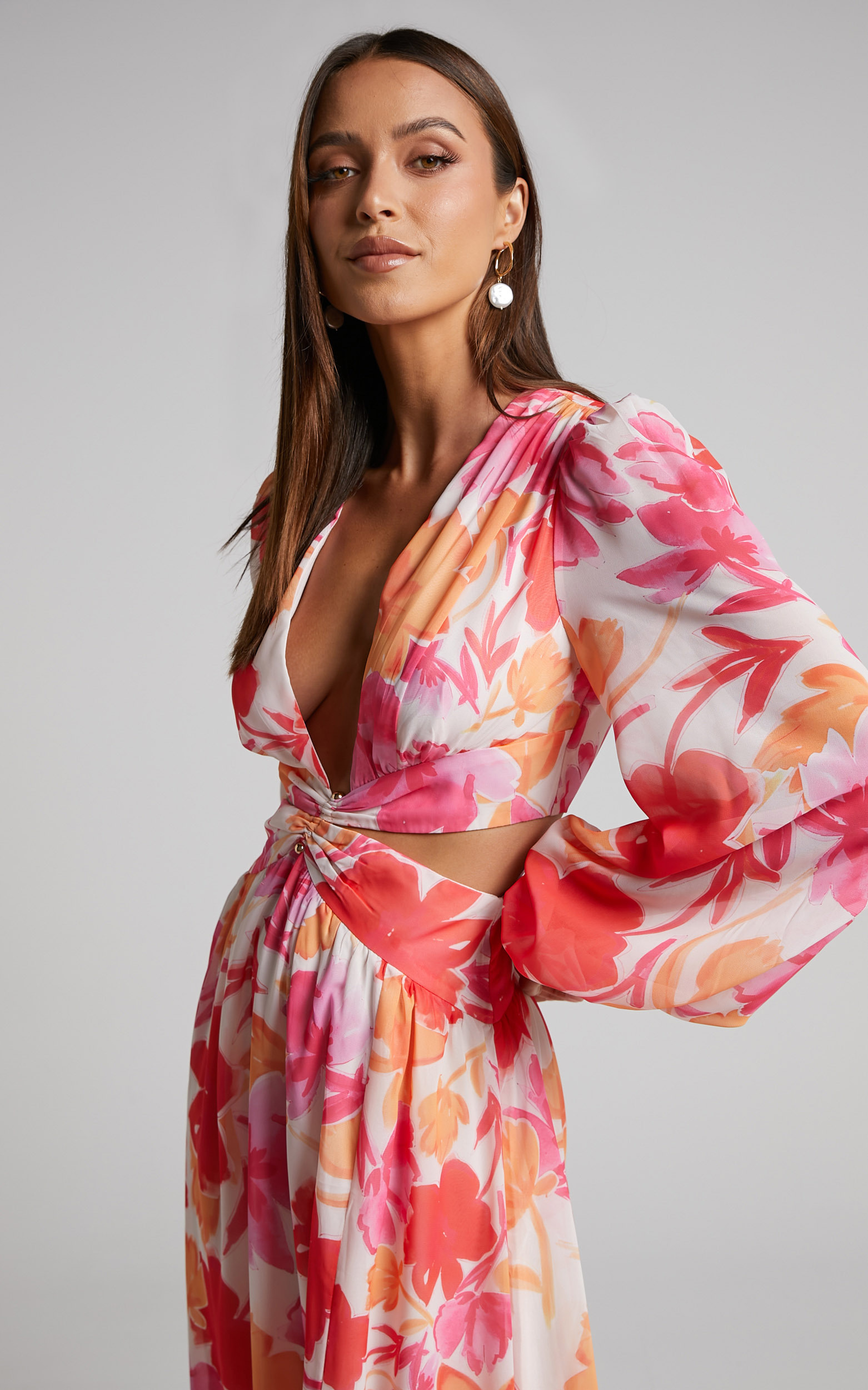 Emilee Maxi Dress - Side Cut Out Long Sleeve Plunge Dress in Pink Floral