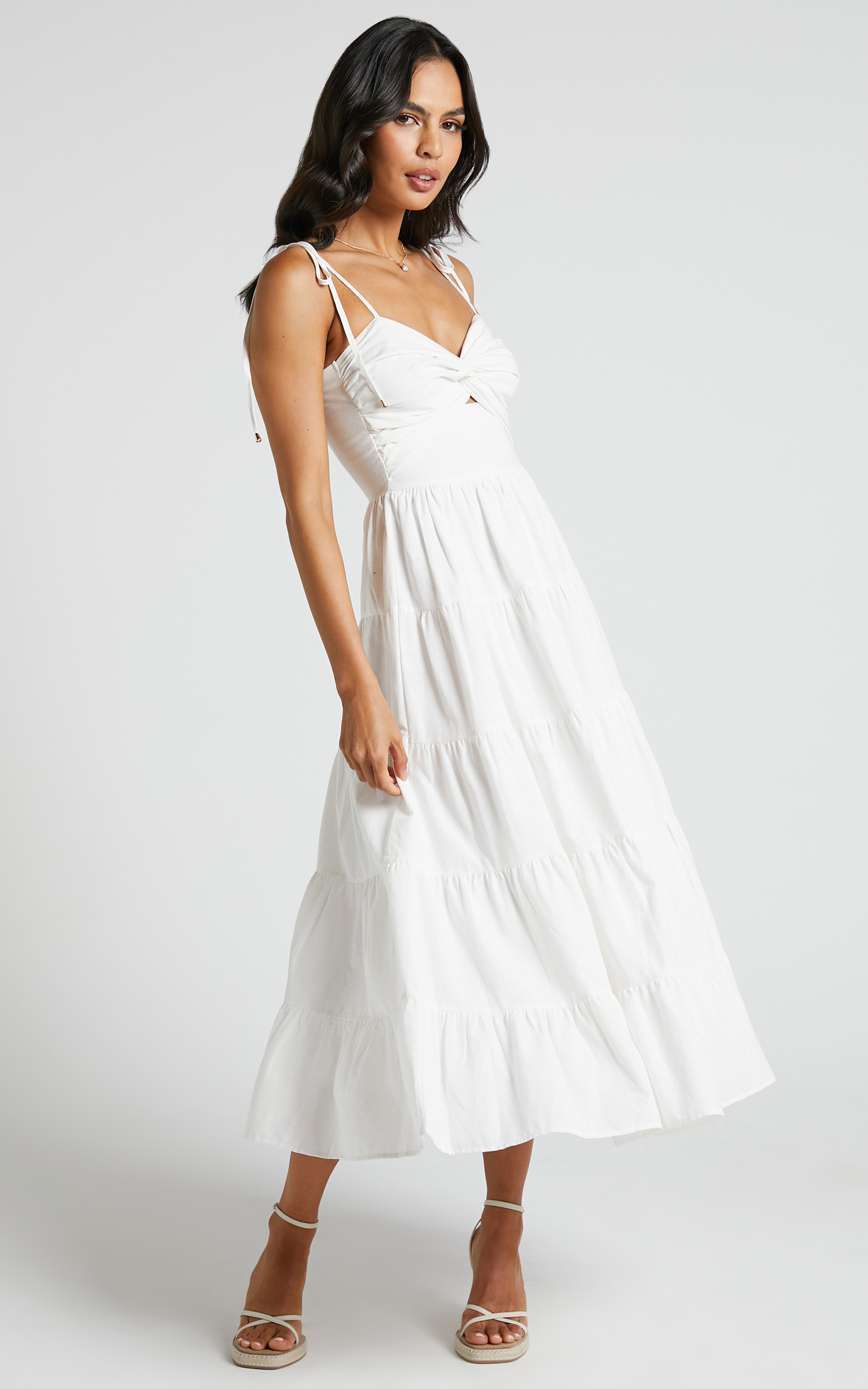 Leticia Maxi Dress - Twist Front Tie Strap Tiered Dress in Off White ...